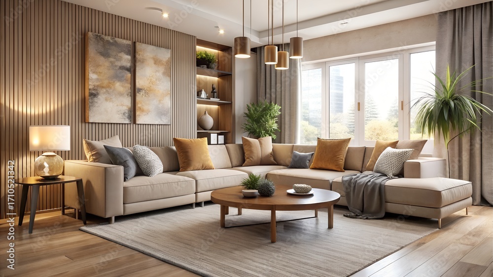 Fototapeta premium Modern living room with sectional sofa and coffee table