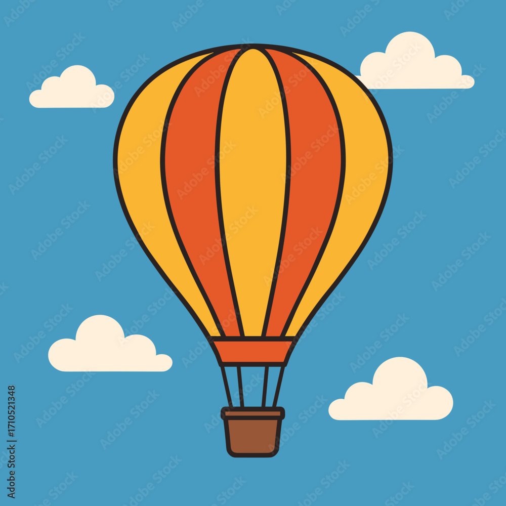 Obraz premium Colorful hot air balloon floating in a blue sky with fluffy clouds copy space