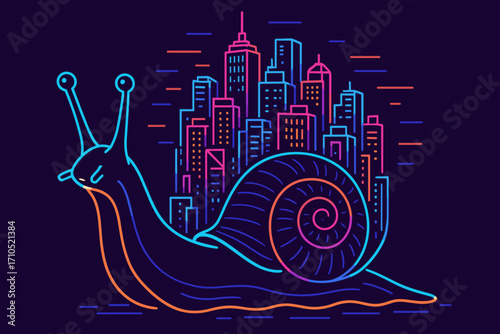 Colorful snail with a city skyline on its shell against a dark background copy space