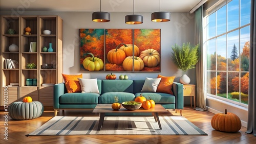 Autumn living room with teal sofa and pumpkins