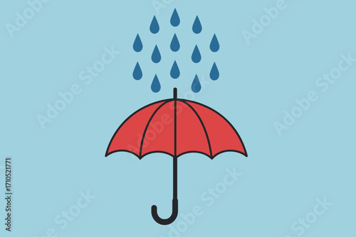 Red umbrella under falling blue raindrops on a light blue background copy space