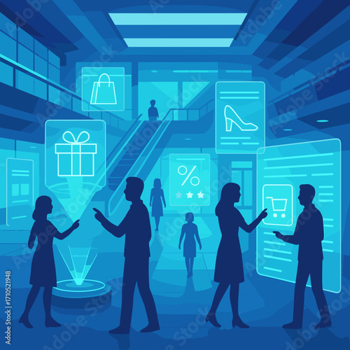 Futuristic retail environment with holographic displays and people interacting in a glowing setting copy space