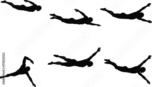 PrintSwimmer silhouette in various swimming poses, aquatic sport vector, professional swimming action, swimming strokes, water sport illustration, fitness, competition