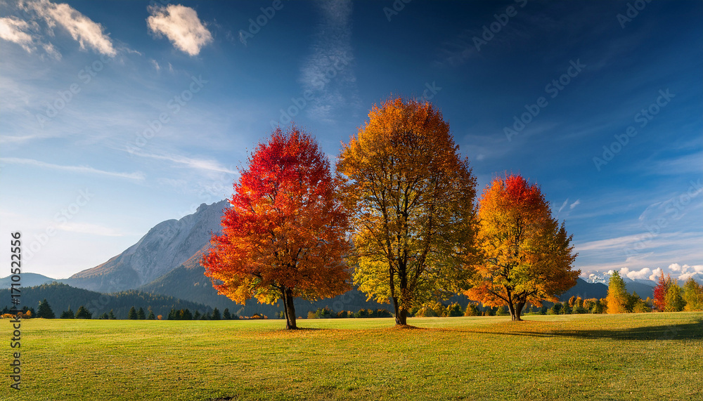 Fototapeta premium Three Trees With Colorful Leaves In The Foreground On A Grassy Field With A Mountain Background