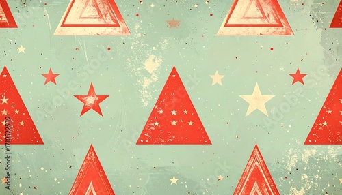 A delightful pattern of overlapping triangles and stars, rendered in vintage tones of light teal and burnt orange.