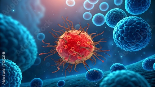 Microscopic View Of Cancer Cell Surrounded By Healthy Cells In Human Body Medical Science Research Concept