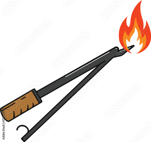 A pair of black tongs with a brown handle holding a bright orange and red flame, illustrating a tool for heat or fire.