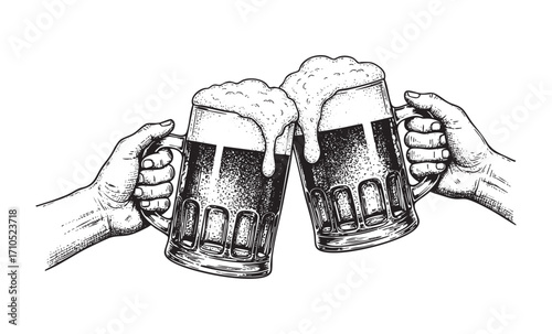 Hands toasting with beer vintage line art style