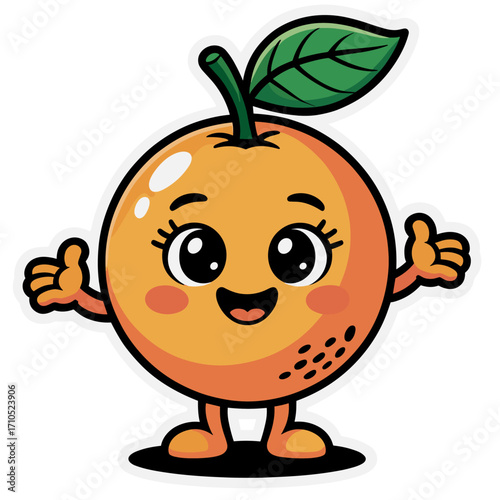 Cute cartoon sticker orange fruit character with happy face and arms and green leaf and stem 
