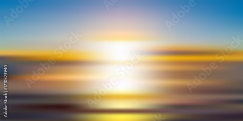 Abstract blurred sunrise over ocean with golden light reflection, soft gradient sky and water waves, dreamy seascape background, glowing horizon for artistic design, wallpaper, and presentation use