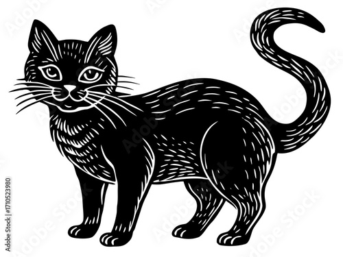 Black Cat Illustration with Curled Tail