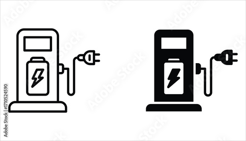 Electric Station for Vehicle Icon set. Charger with Plug for Electrical Power Auto Symbols. Charge Station for Green Energy Automobile. Vector Illustration for web design.