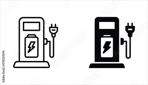 Electric Station for Vehicle Icon set. Charger with Plug for Electrical Power Auto Symbols. Charge Station for Green Energy Automobile. Vector Illustration for web design.