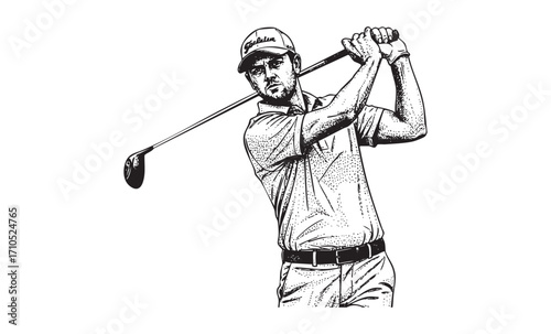 golf player with stick vintage line art style