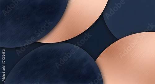 Abstract overlapping circles with brushed textures in navy blue and rose gold