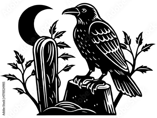 Raven on Tombstone Under Crescent Moon