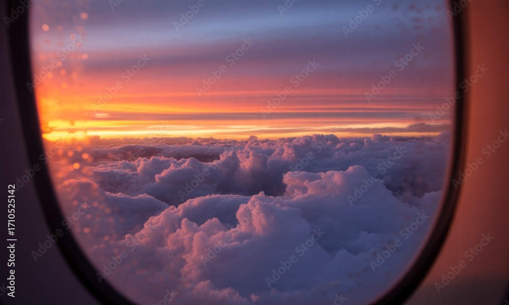 Fototapeta premium Sunrise through an airplane window, clouds below