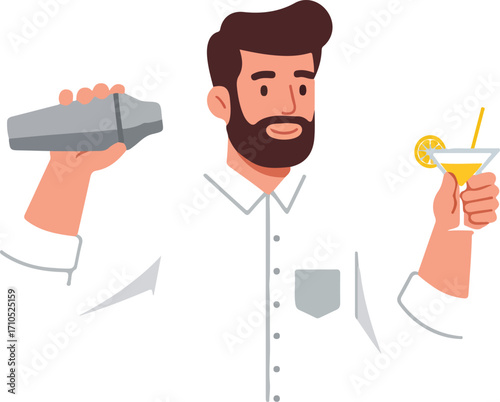 A bearded man in a white shirt holding a cocktail shaker and a martini glass with a drink and lemon garnish.