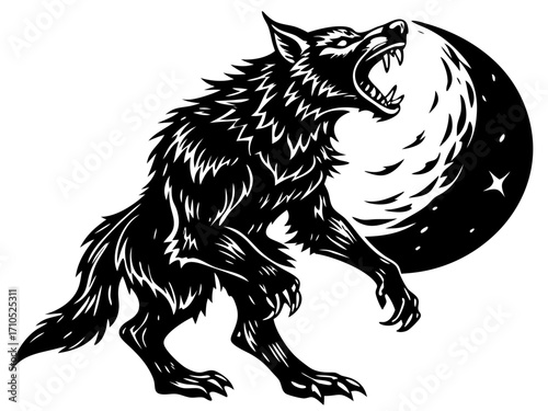 Fierce Werewolf Howling at Moon Illustration