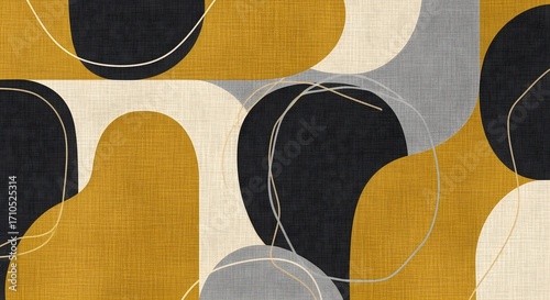 Abstract geometric pattern with rounded shapes thin lines and textured fabric in ochre black cream and grey