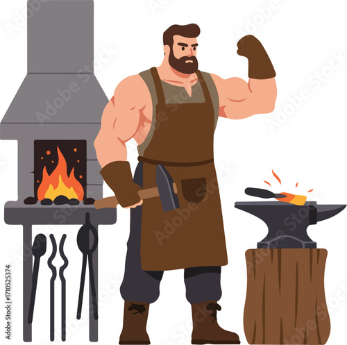 Muscular bearded blacksmith working with a hammer and glowing metal at a traditional forge and anvil.
