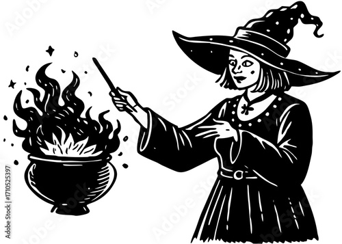Witch Casting Spell Over Cauldron Illustration