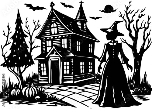 Witch Before Haunted House at Night