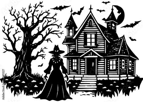 Witch Before Haunted House at Night