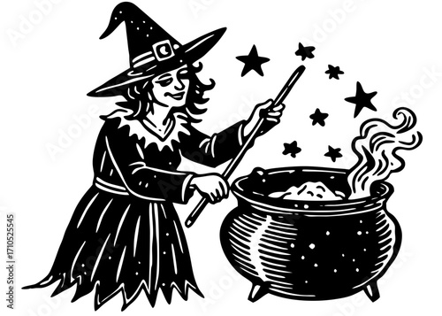 Witch Casting Spell Over Cauldron Illustration