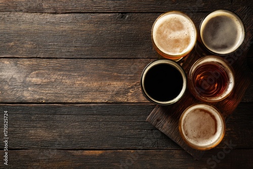 Assorted craft beer glasses in different colors and styles on a rustic wooden table, top view arrangement ideal for bar menus, brewery promotions, and festive marketing