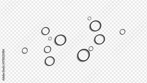 Water droplets, round, circle, sweat, rain, moisture, liquid image. Stock vector with transparency grid background