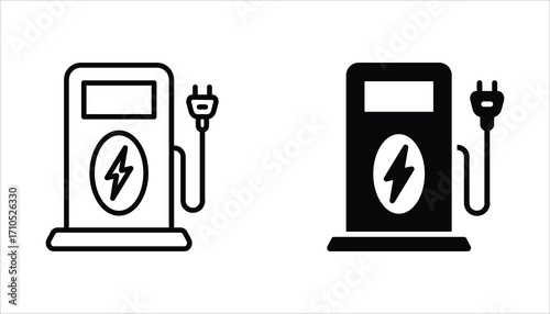 Electric charging station icon set. Charger with Plug for Electrical Power Auto Symbols. Vector Illustration on white background.