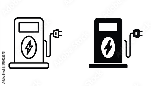 Electric charging station icon set. Charger with Plug for Electrical Power Auto Symbols. Vector Illustration on white background.
