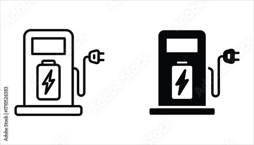 Electric charging station icon set. Charger with Plug for Electrical Power Auto Symbols. Vector Illustration on white background.