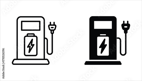 Electric charging station icon set. Charger with Plug for Electrical Power Auto Symbols. Vector Illustration on white background.