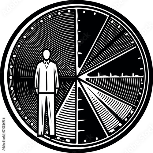 Man standing within segmented circle design black and white graphic