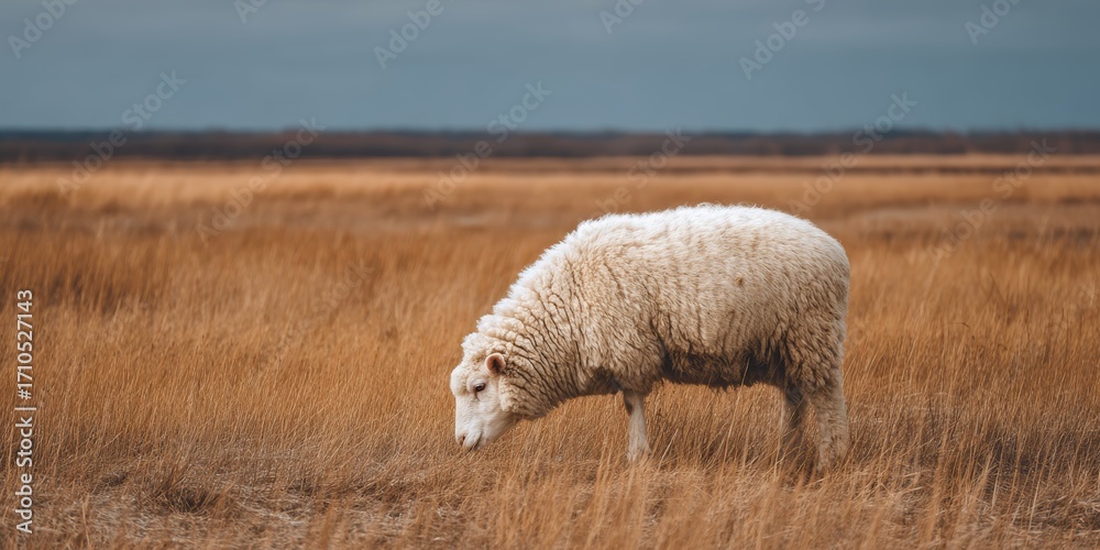 Fototapeta premium White sheep grazing in golden field under overcast sky