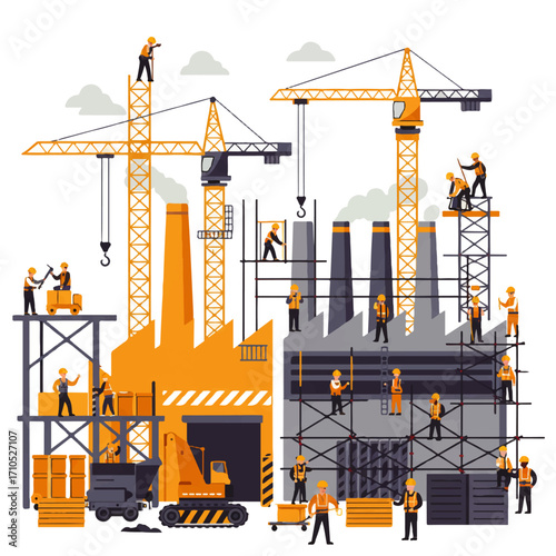 Illustration of construction workers building a factory with cranes, scaffolding, and heavy machinery against a white background.