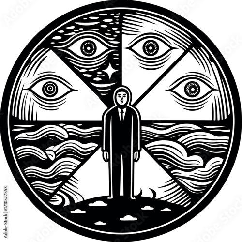 Man surrounded by watchful eyes and swirling elements black and white circular