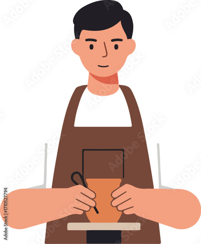 A male potter carefully shaping clay on a pottery wheel.