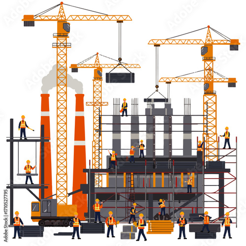 Illustration of a construction site with workers, cranes, scaffolding, and factory chimneys emitting smoke.