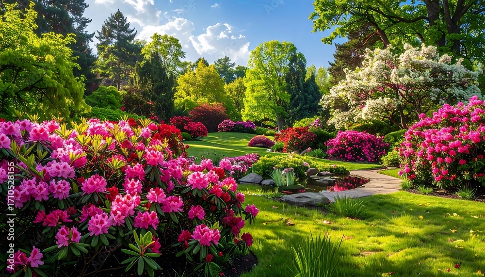 Fototapeta premium Vibrant garden path winds through a profusion of colorful rhododendrons bathed in sunlight.