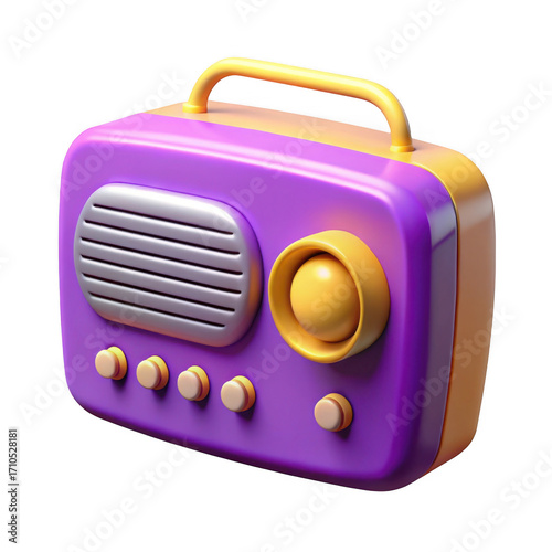 3d retro radio with yellow accents isolated on transparent background