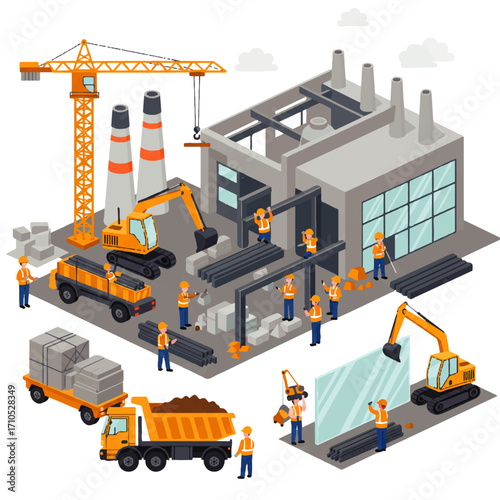 Isometric illustration depicting construction workers building a factory with cranes, excavators, and trucks, surrounded by materials.