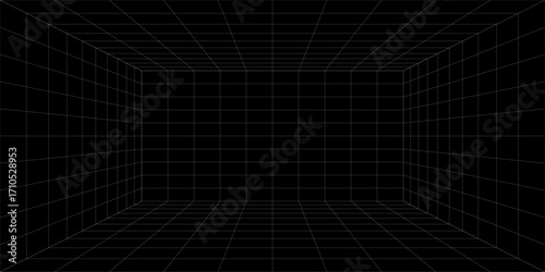 Empty futuristic digital box room grey-black background with white grid space line color surface. Network cyber technology. banner, cover, terrain, sci-fi, wireframe, and related to background.