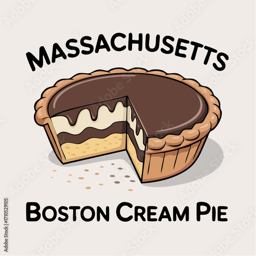 Massachusetts Boston Cream Pie classic vector illustration for dessert branding