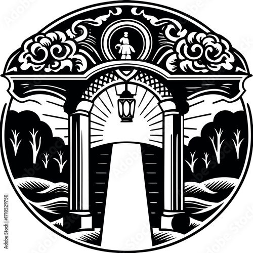 Ornate archway with lantern and figure trees landscape