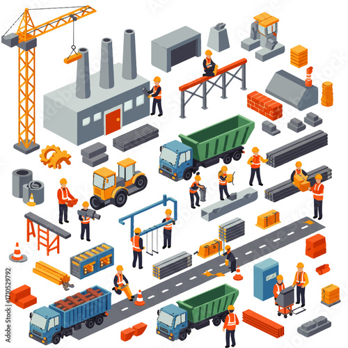 Isometric illustration depicting a construction site with workers, trucks, crane, factory, roads, and various building materials like bricks and steel beams.