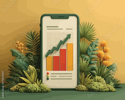 スマートフォン画面の成長グラフと植物の背景
