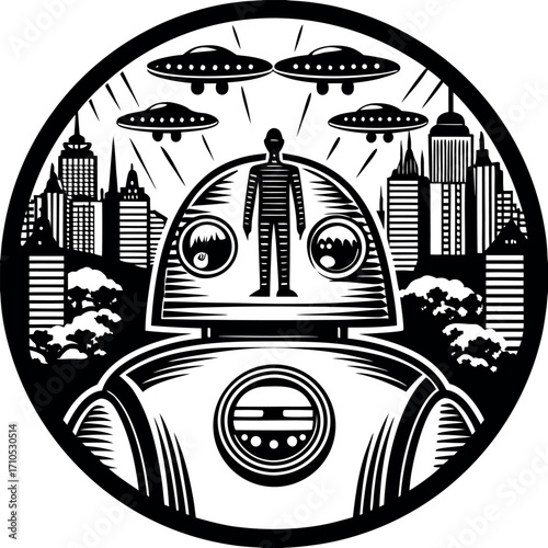 Robot alien invasion over cityscape flying saucer